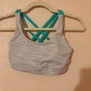 lululemon athletica Gray Striped Sports Bra with Teal Crisscross Straps